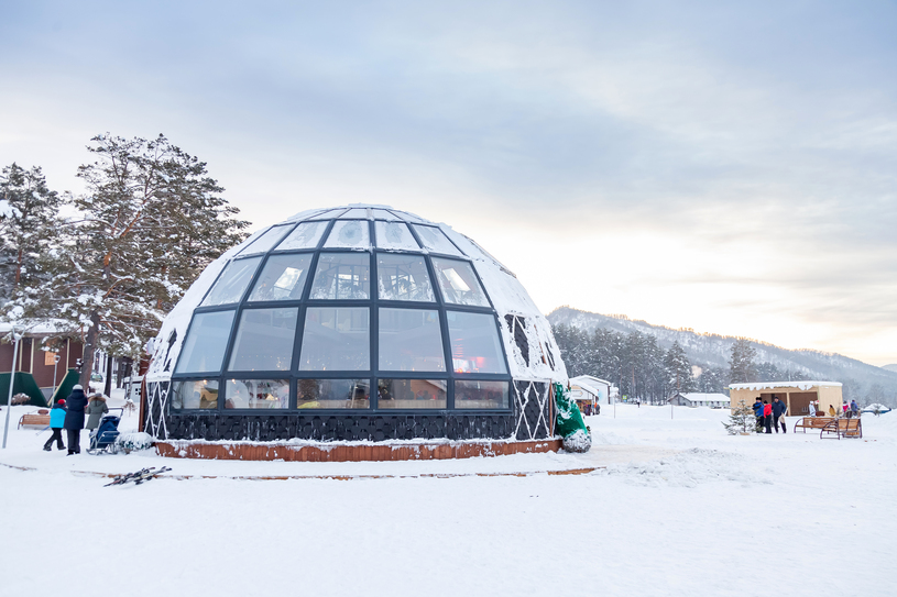 A beautiful cafe in the form of a hemisphere or a dome of glass