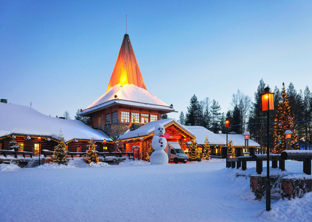 Snowman at Santa Office in Santa Village Rovaniemi Lapland evening